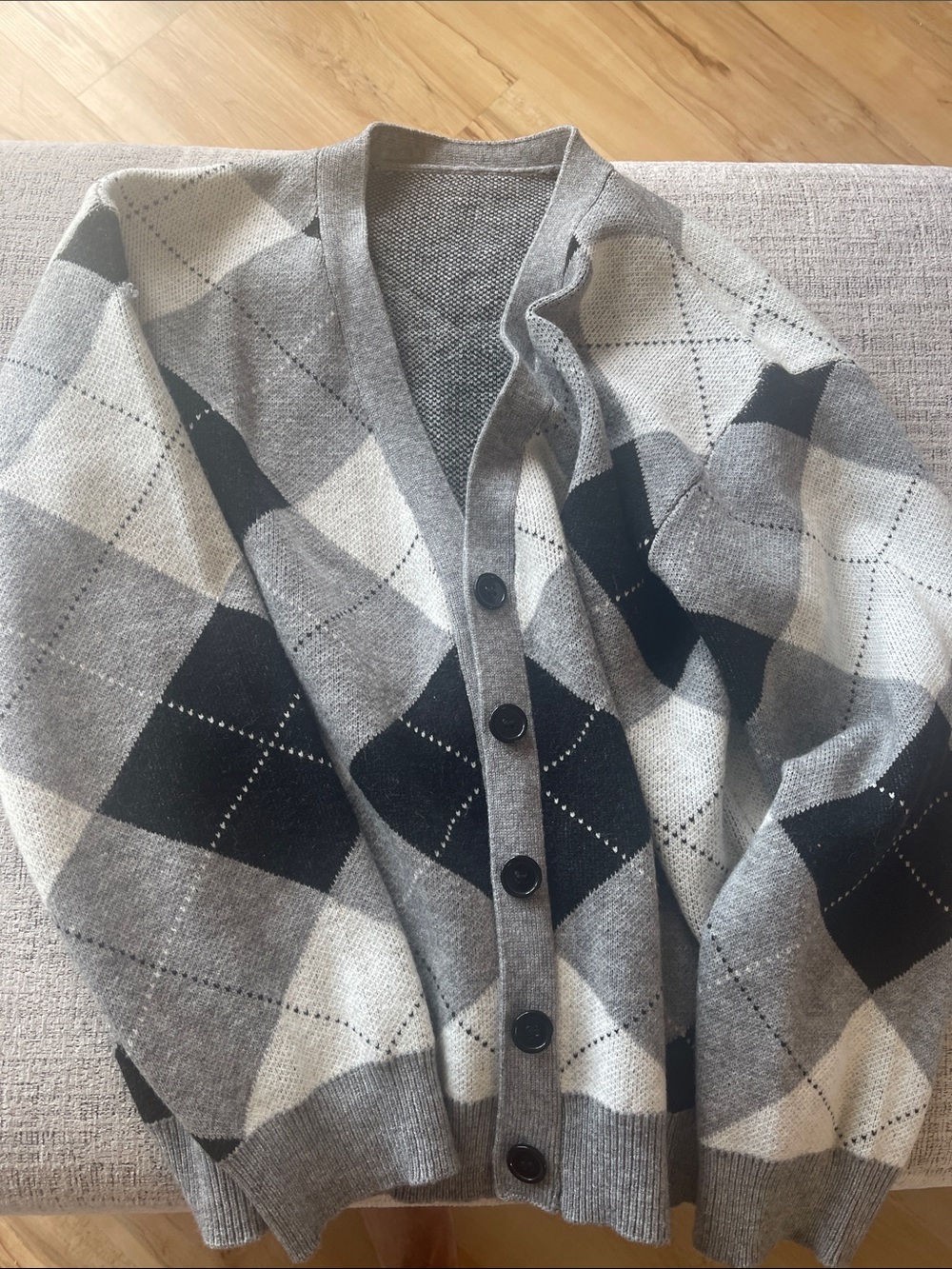 Amazon Gray and Black Argyle Women's Cardigan Sweater
